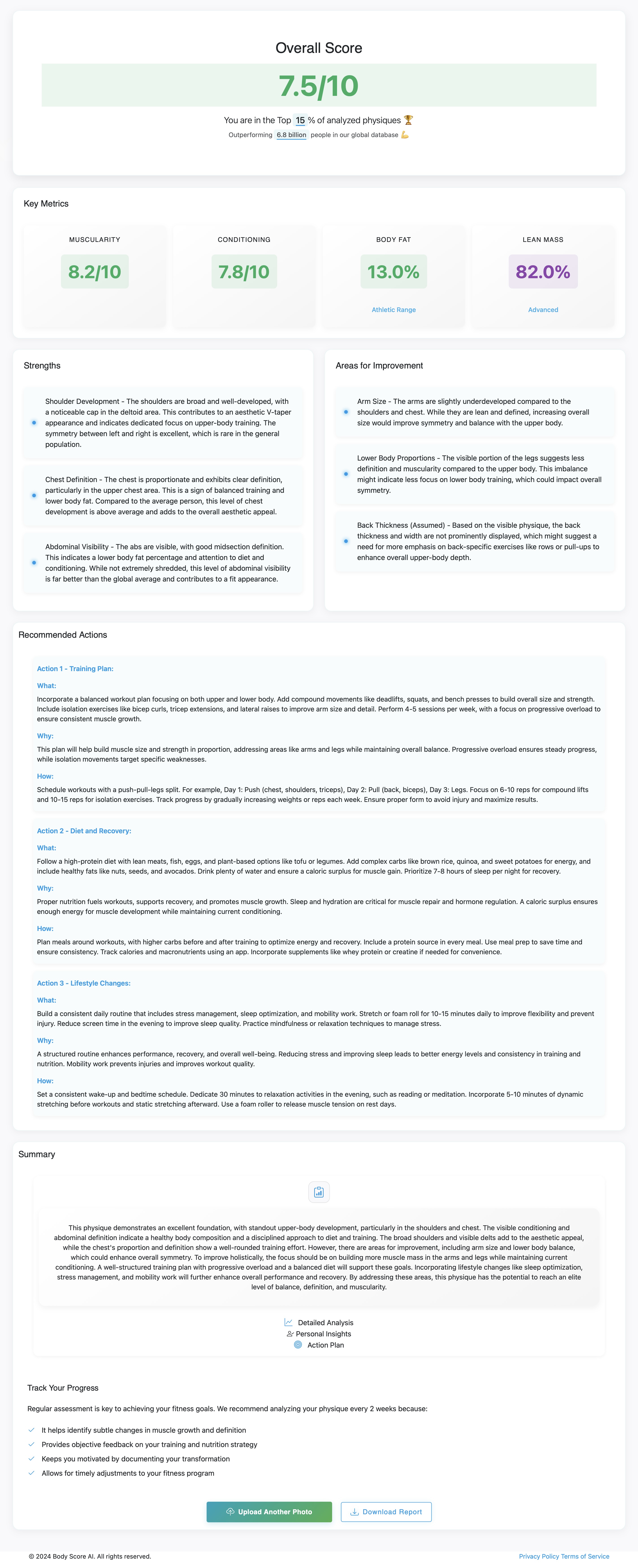 Detailed AI physique analysis report showing body composition metrics, scoring breakdown, and personalized recommendations